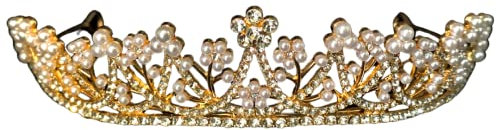 ONDEGO® GOLD Diadem Perlen Haarschmuck Tiara Hochzeit Strass Glitzer Krone Mädchen Geburtstag Goldene Hochzeit Königin Braut