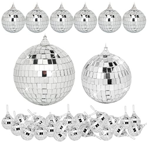 32 Pack Mini Disco Balls Decorations Different Sizes Mirror Ball with Hanging String Small Disco Ball Ornament for Disco Theme Party Cake Topper DJ Club Christmas Wedding Home Decor (Silver)
