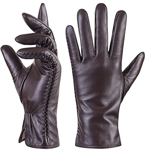 QNLYCZY Echtes Schaffell Leder Handschuhe für Damen, Winter Warm Kaschmir Futter Touchscreen Texting Fahren Motorrad Kleid Handschuhe