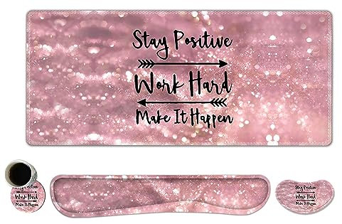 ToLuLu Extended Gaming Mouse Pad, Memory Foam Ergonomic Keyboard Mouse Wrist Rest Support Set, Large Desk Mat with Stitched Edges, Non-Slip Base Mousepad for Home Office Game, Pink Stay Positive