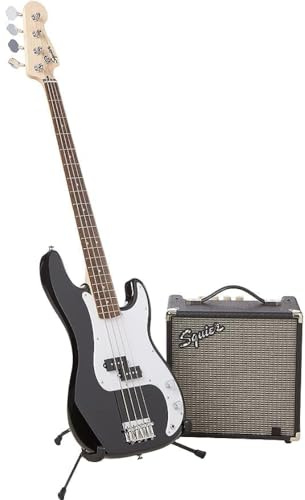 Squier by Fender Affinity Series Precision Bass Guitar Pack, Maple fingerboard, includes Gig Bag & Fender Rumble 15 Bass Amp, Black, Comes with Free Virtual Lessons