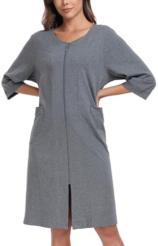 COLORFULLEAF Damen Bademantel mit Reißverschluss Leicht Morgenmantel 100% Baumwolle Hausmantel 3/4 Ärmel Nachthemd mit Taschen(Dunkelgrau,L)
