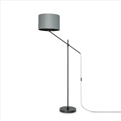 Paco Home Tischlampe Stehlampe Pendellampe Wohnzimmer Esszimmer Schlafzimmer Runder Schirm aus Stoff Modern Stylisch E27, Lampenart:Stehleuchte, Farbe:Grau Schwarz (Ø38cm)