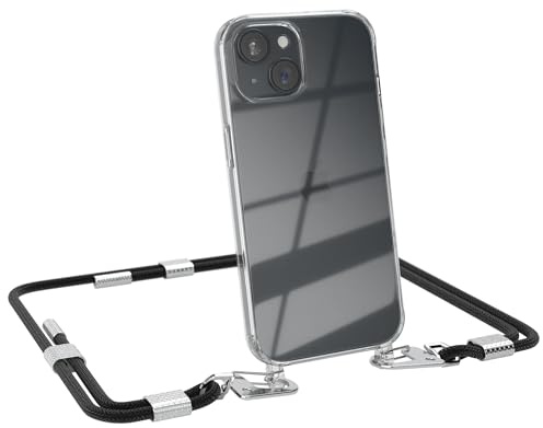 EAZY CASE - Handykette mit Karabiner kompatibel mit iPhone 15 - Hülle Silikon Fallschutz transparente Handyhülle für iPhone 15 Kette zum Umhängen Schutzhülle in Schwarz - Clips Gold