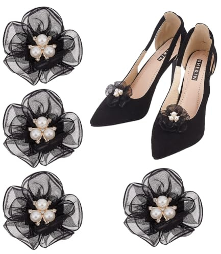 FINGERINSPIRE 4 Stück Blumen Schuh Clips Sandalen Schuh Clips Charms Abnehmbare Blumen Schuhschnallen Schwarze Perlen Strass Schuh Charms Spitze Florales Schuh Zubehör Für High Heels Pumps