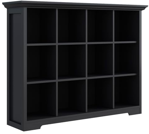 OSCHF 12-Cube Open Bookcase with Base, 3-Tier Wooden Bookshelf, Black