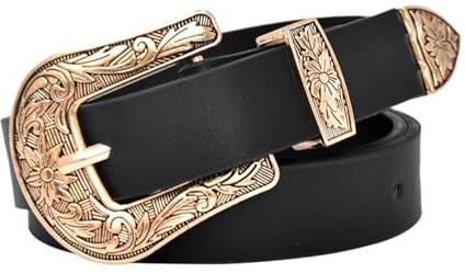 EMOTTOS Damen Vintage Leder Gürtel - Schnitzerei Schnallen Western Cowboy Cowgirl für Frauen, Mit Exquisiter Retro Schnalle für Jeans Kleid (A-GOLD)