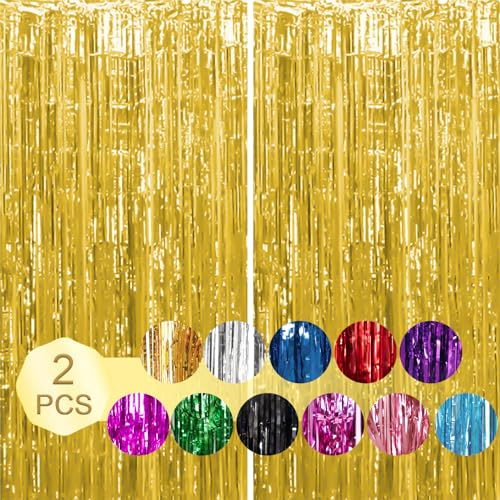 PT Haahoos 2Pcs 3ft x 6.56Ft Gold Tinsel Glitter Curtain, Metallic Tinsel Curtains Rainbow Foil Fringe Curtains for Photo Backdrop Door Wall Hanging Window Curtain Party Office Decoration