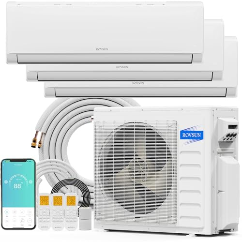 ROVSUN 28000 BTU Tri Zone WIFI Mini Split AC/Heating System, 20 SEER2 3 Zone (9K/9K/12K) BTU Ductless Split Air Conditioner with Pre-Charged Condenser, Heat Pump & 25Ft Line Set, 208-230V