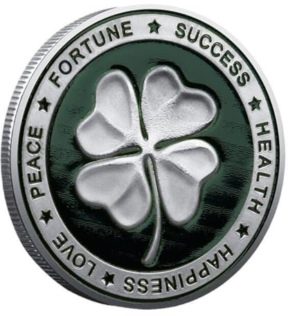 Pièce de Monnaie Porte-Bonheur avec Trèfle à Quatre Feuilles Porte-Bonheur et Symbole Porte-Bonheur (Argent)