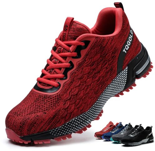 AONEGOLD Chaussures de Sécurité Hommes Femmes Légère Respirante Baskets de Sécurité Antidérapant Confortable Embout Acier Chaussures de Travail (Rouge,38EU)