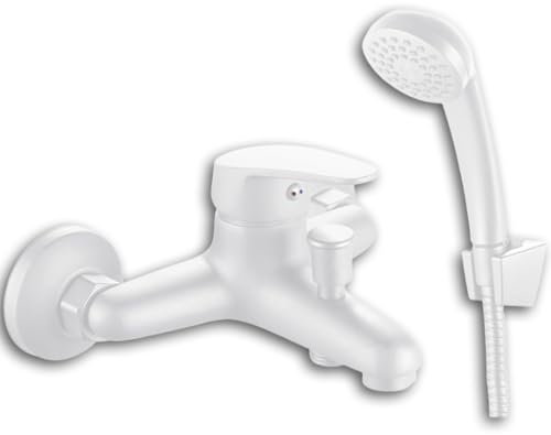 INGUZ | Grifo Ducha Con Transferencia | Viggo | 1,5-1.7m extensible | Incluye Alcachofa Ducha con Manguera | Grifo Bañera y Ducha Con Soporte Ducha Pared | Grifo de Ducha Monomando | Blanco
