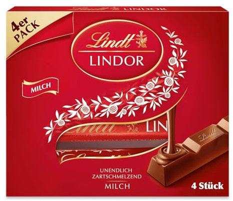 Lindt Lindor Vollmilch Sticks, Vollmilch-Schokolade, Schokoladenriegel im Multipack, 4 Sticks, 100g