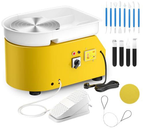 Electric Pottery Wheel, Couleeur 350W & 25CM Aluminum Turntable Pottery Wheel with Removable ABS Basin, Foot Pedal and Shaping Tools, Pottery Wheel Forming Machine for DIY and Pottery Studio (Yellow)