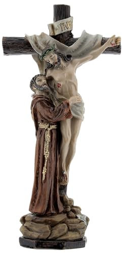 Statue aus Harz Franz von Assisi mit Jesus Christus am Kreuz, 15 cm