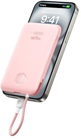 VIYISI Batterie Externe 10000 mAh Ultra Mince, QC 22,5W Power Bank Charge Rapide avec Câble USB C Intégré PD 20W Compatible avec iPhone 16 15 Samsung S24 S23 S22 - Rose