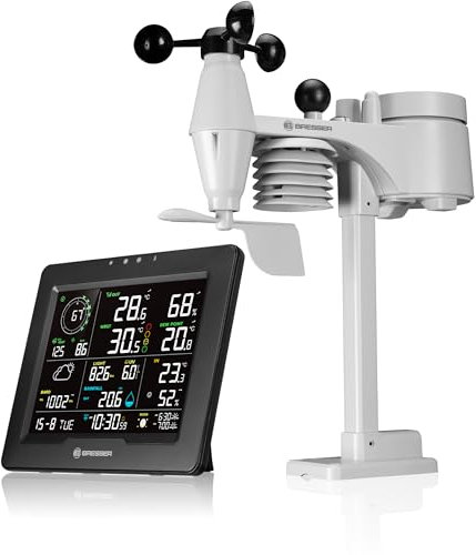 Bresser Station météo WiFi 8-en-1 avec capteur extérieur, indice WBGT de stress thermique, UV, pluie, vent, lumière, WiFi, contrôle via application, climat intérieur, réveil, alerte gel, noir