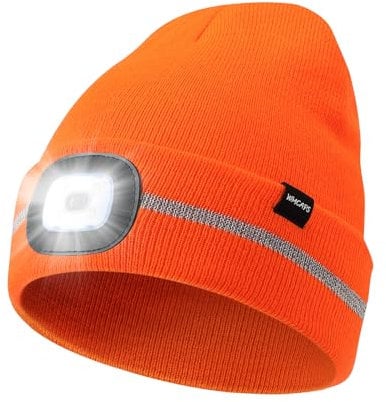 Wmcaps Mütze mit LED Licht, Wintermütze mit 4 LED Lampe, Wiederaufladbare Type-C Strickmütze mit Reflektierendem Lichtstreifen, Winter Warme Geschenke Laufmütze für Herren und Damen,Orange