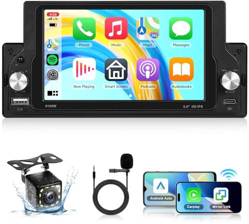 VECHTEL Autoradio 1 Din avec Écran IPS HD 2,5D de 5,9 Pouces Carplay Android Auto sans Fil, Auto Radio Écran Tactile avec Bluetooth 5,0, Mirror Link, FM, USB, Type-C, SWC, Microphone, Caméra de Recul