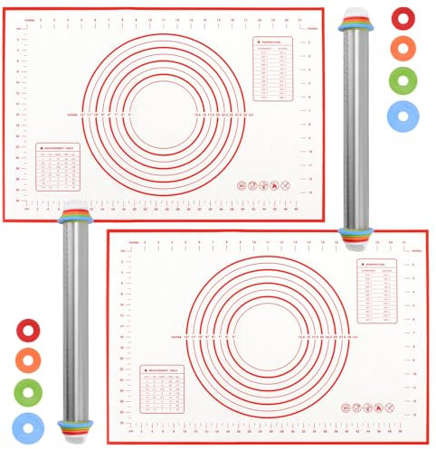 JIEHIN 4 Stück Edelstahl Nudelholz mit Backmatte, 43cm Teigroller Edelstahl mit 60x40cm Silikon Backmatte, kleines Nudelholz mit Abstandshalter, Teigrolle Rolling Pin zum Ausrollen von Teig