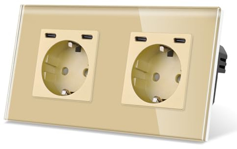 CNBINGO Steckdose mit Type-C Ports, 20W Schnellladen, 2-Fach Gold Glas | Schuko Steckdose Unterputz mit USB-Schnellladung, Wandsteckdose mit Kindersicherung, Horizontal oder Vertikal, Glasrahmen