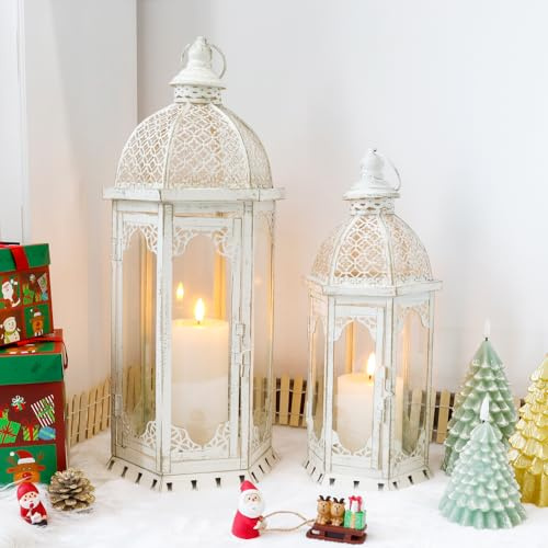 JHY DESIGN 2er-Set Dekorative Kerzenlaternen 50&38 cm Hoch Kerzenhalter für den Außenbereich Vintage-Kerzenständer aus Metall für Garten Veranda Wohnzimmer Innen Außenbereich Hochzeiten Terrasse(Weiß)