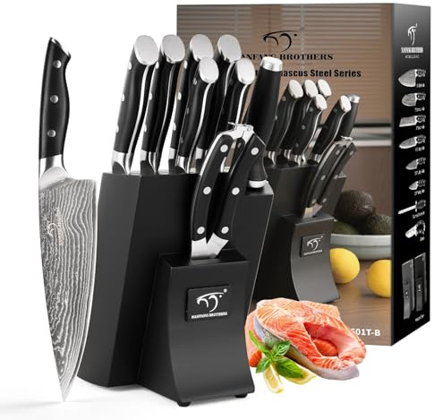 NANFANG BROTHERS Damascus Steel Knife Set - 9pcs Japanese Style Chef Knife Set with Wooden Block Black