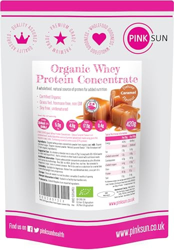 PINK SUN Organic Whey Protein Caramel Flavour 420g Concentrate Powder Shake Soy Free Grass Fed Gluten Free Vegetarian Undenatured Non GM Certified Bio UK