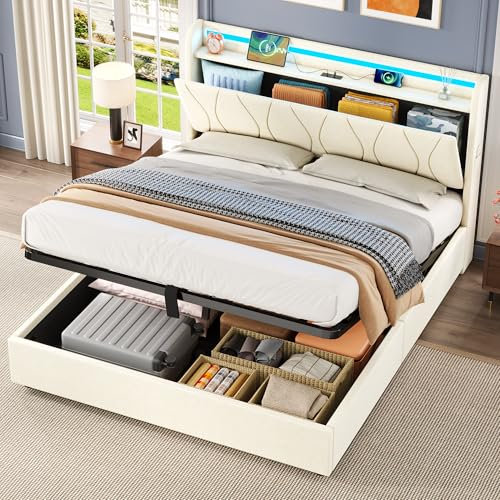 RIAZOS 4ft6 Double Upholstered Bed Frame with Hydraulic Storage, LED Headboard with Charging Station and Concealed Headboard Storage, USB and Type-C Ports, No Box Spring Needed, No Mattress, Beige