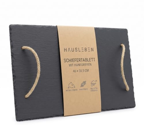 hausleben Schiefertablett mit Hanfgriffen 46 x 30,5 cm – Servierplatte Deko | Echter Natur-Schiefer – Rustikales Servierbrett ideal für Käse, Tapas, Antipasti & Snacks – Steinplatte Geschenkidee Küche