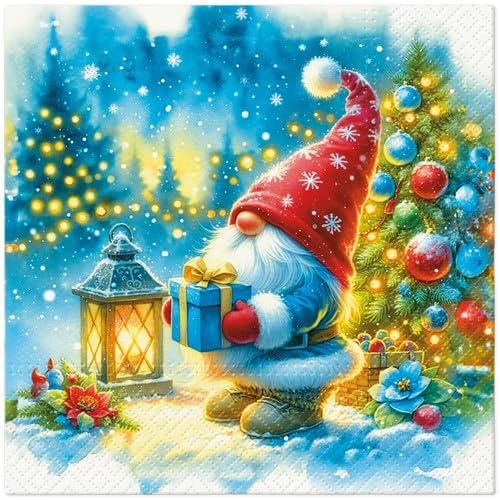 20 Servietten Weihnachten Gnom am Weihnachtsbaum als Tischdeko. Papierservietten mit Motiv. Auch für Decoupage und Serviettentechnik 33x33cm