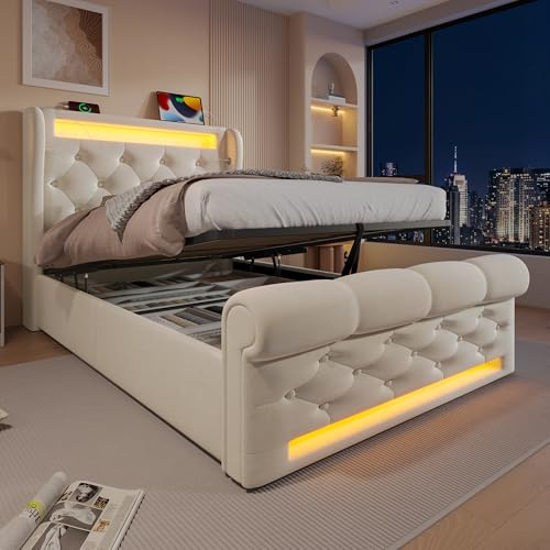 Oslghy Polsterbett Einzelbett 90x200 cm, Stauraumbett mit LED Leuchten und Stauraum, Jugendbett mit USB Typ-C Port Kopfteil, Moderne Hydraulisch Bettgestell mit Lattenrost, Samt, Beige, ohne Matratze