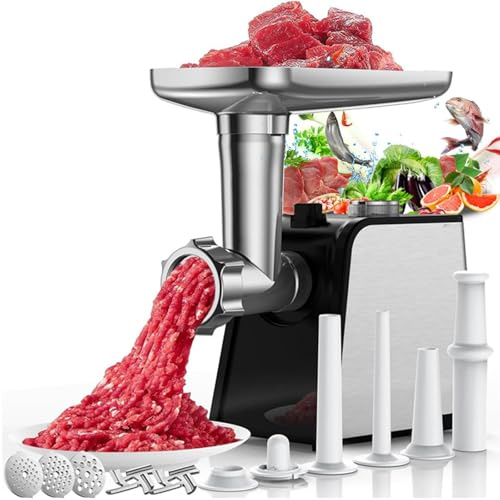 Picadora de carne eléctrica con relleno de salchicha, acero inoxidable 3 en 1, picadora de carne eléctrica y salchicha con 3 tubos de llenado de salchichas, 2 batidoras, 2 cuchillas de acero