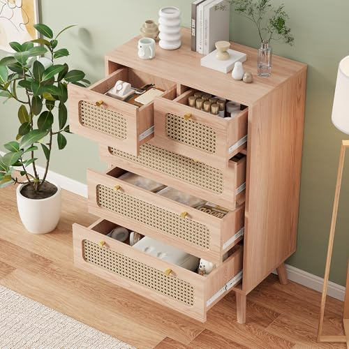 BRILVERDE Rattan-Kommode, moderner Nachttisch mit 5 Schubladen, Vergoldete Griffe und Füße, Mehrzweckschrank-Set, geeignet für Schlafzimmer und Wohnzimmer, Naturholz (Kommode, 91 x 60 x 35 cm)