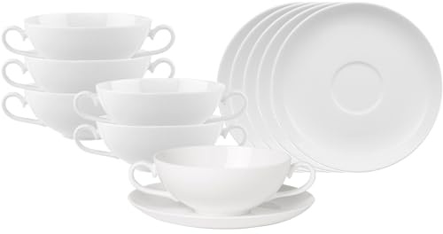 Villeroy & Boch Royal Suppentassen mit Untertassen 6er Set, 200 ml, Suppenobertassen mit Henkeln, Spülmaschinenfest & Mikrowellensicher, Premium Porzellan, Weiß