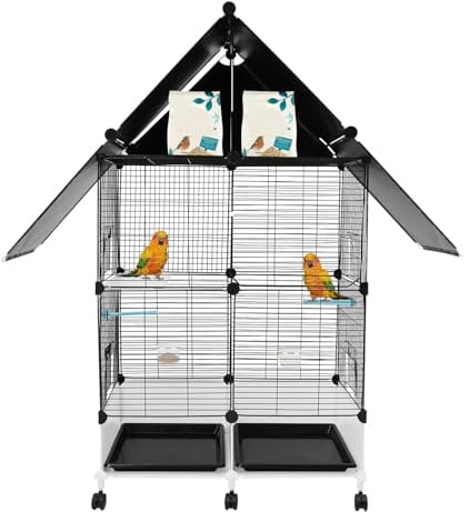 Vogelkäfig groß,Papageienkäfig mit Sandschublade, Vogelvoliere mit Dach,Vogelvoliere mit Rollen,Wellensittlichkäfig mit Ständer,Nymphensittich Käfig,Vogelkäfig Wellensittich Schwarz