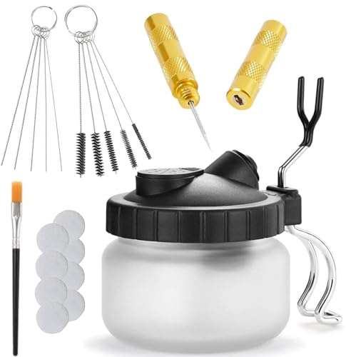 VOBOR Airbrush Komplett rengöringsset, 1 rengöringsskål med hållare, 5 rengöringsborstar, 5 rengöringsnålar, 1 rengöringsskrapa, 1 pensel, 8 filterpads, för Airbrushes