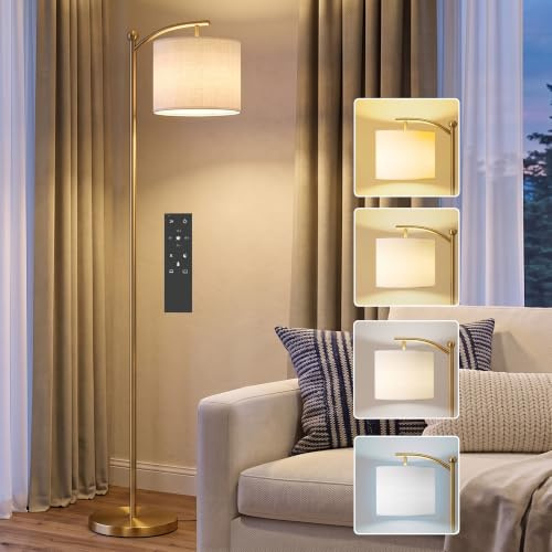 HOMCOM LED Floor Lamp Stepless Dimmable Magnetic Remote Control Gold Tone | Reading Standing Lamp, 11 Colours Temperature, 11 Brightness Levels, 60 Min Timer, Living Room, Bedroom, Office