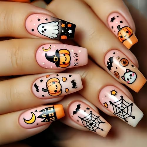 Vibrant Pumpkin Press on Nails Square ABS Art for Halloween Costumes Trick-or Treat Fun & Themed Parties Gothic Bat Nail Pumpkin Press on Halloween Art for Parties