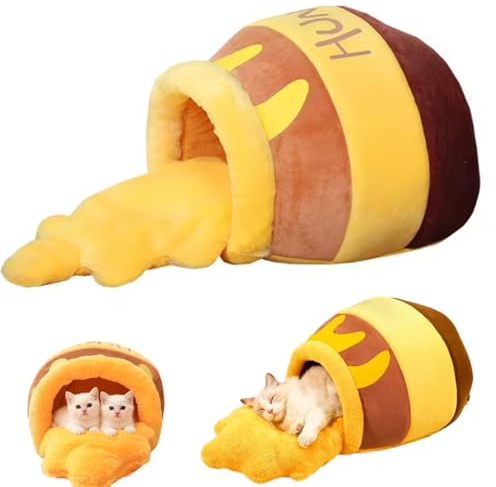 CHENRI Honey Jar Cat Bed, Cute Covered Cat Hut Soft, Cat Mat Honey-Shaped Kennel Kitten Bed, Thick Warm Honey Pot Cat Cave Bed with Removable Washable Cushion, Plush Cat Beds for Indoor Cats (L)