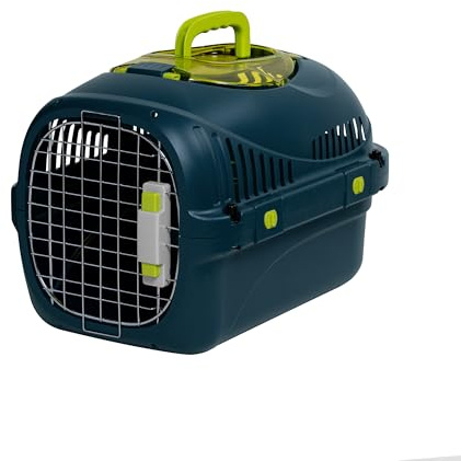 Peluvio Safy Katzentransportbox Hartschale mit Metalltür, Doppelsicherung | Belüftung, Sichtklappe Oben, Versenkbarer Tragegriff, Bodenrost Herausnehmbar für Hygieneeinlage, Napf, für Auto, bis 5 kg
