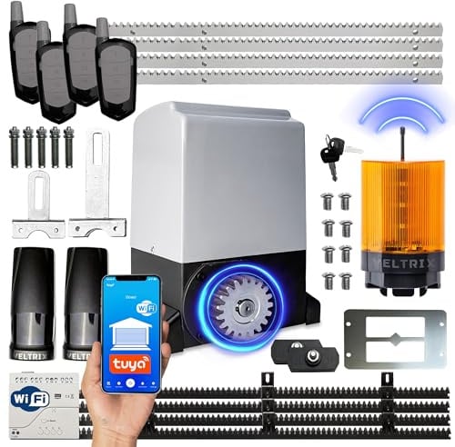 TECHGLOBE -Schiebetorantrieb Set 2000kg – Elektrischer Torantrieb für Schiebetore – WIFI + LED Lampe + 4 Fernbedienungen – Schiebetor Motor Komplettset für Einfahrtstor