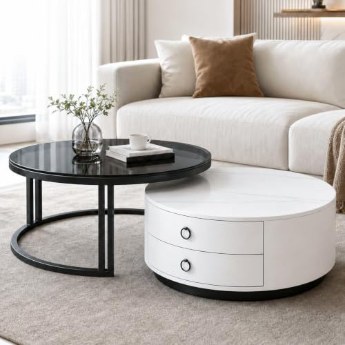 2-Teiliges Set aus Ineinanderschiebbaren Couchtischen mit Beistelltischen und Marmorplatten, Geeignet für Wohnzimmer und Büros, Weiß