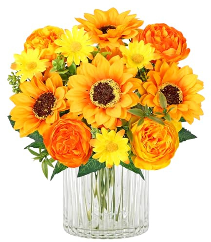 MEIVINES Kunstblumen Gelb 2 Bündel Künstliche Sonnenblumen wie echt | Seidenblumen Kunstblumenstrauss Gelb Künstliche Blumen Künstlich Pfingstrose für Tischdeko Hochzeit Heim Küche Dekor