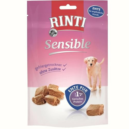 RINTI - Sensible Snack | Leicht verdauliche Snacks für Sensible, ausgewachsene Hunde. Getreide- und zuckerfreie Hundesnacks ohne Zusatzstoffe im Frischebeutel | 9x120g Ente Pur