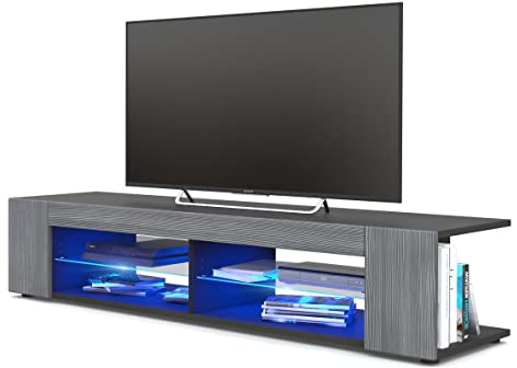 Vladon Buffet Bas Movie, Meuble TV avec 4 Compartiments Ouverts et placages décoratifs, Noir Mat/Avola-Anthracite, éclairage LED Bleu Inclus (134 x 29 x 39 cm)