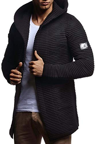Leif Nelson Herren Strickjacke lang mit Kapuze & Reißverschluss (Schwarz, Größe L) - Strick Sweatjacke Männer Cardigan für Winter