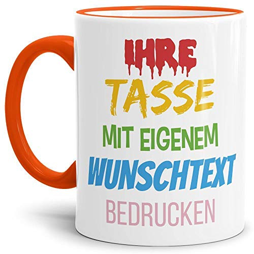 Tasse selbst gestalten/mit eigenem Text beschriften/Wunsch-Name/Spruch-Tasse/Rand & Henkel Orange/Motiv für Linkshänder sichtbar