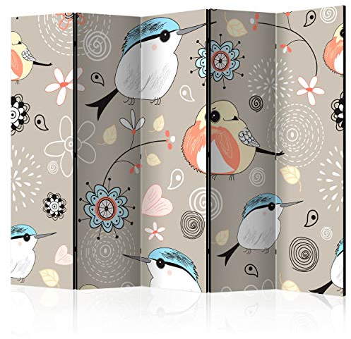 decomonkey Paravent Raumteiler Innen Vogel Kinder 225x172 cm 5 Teilig Beidseitig Room Divider Wall Raumteiler Stehend Trennwand Sichtschutz Spanische Wand Sichtschutzwand Wohnzimmer Holz