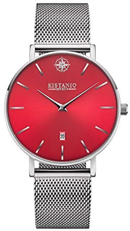 Kistanio Moyen Damenuhr mit Milanaiseband Datum Edelstahl Rot Saphirglas SI-RTS-M